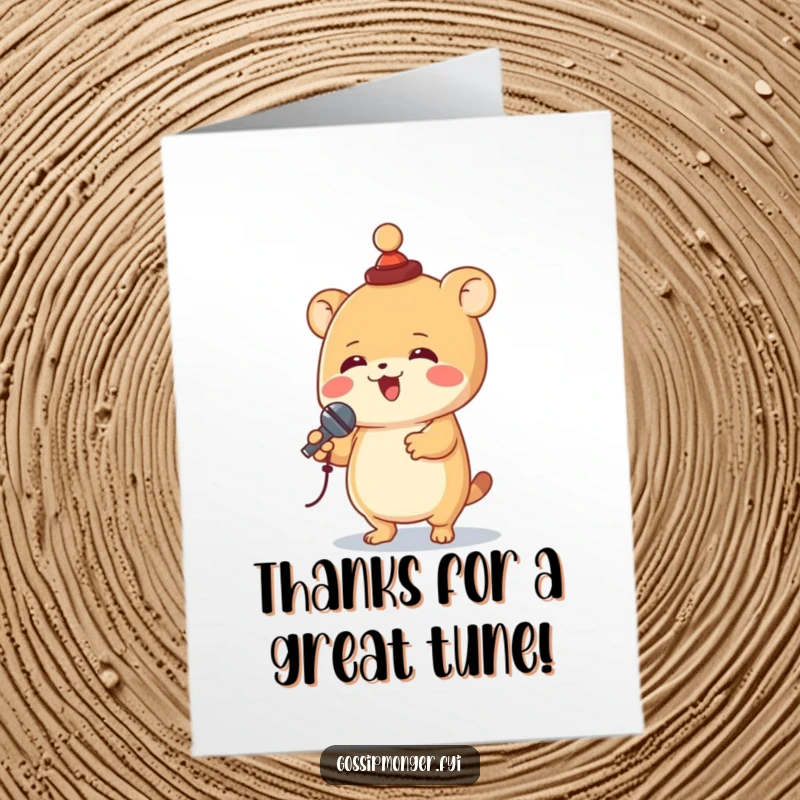 Funny Free Printable Thank You Card: Creature with tiny hat spins joyfully, holding a miniature microphone.