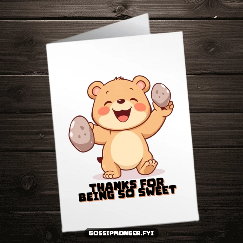 Funny Free Printable Thank You Card: A joyful bear cub grinning while juggling pebbles, conveying sincere and humorous gratitude.