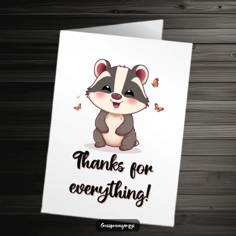Funny Free Printable Thank You Card: Giggling badger flutters tiny, gossipy butterfly wings, sharing thanks with a whisper.
