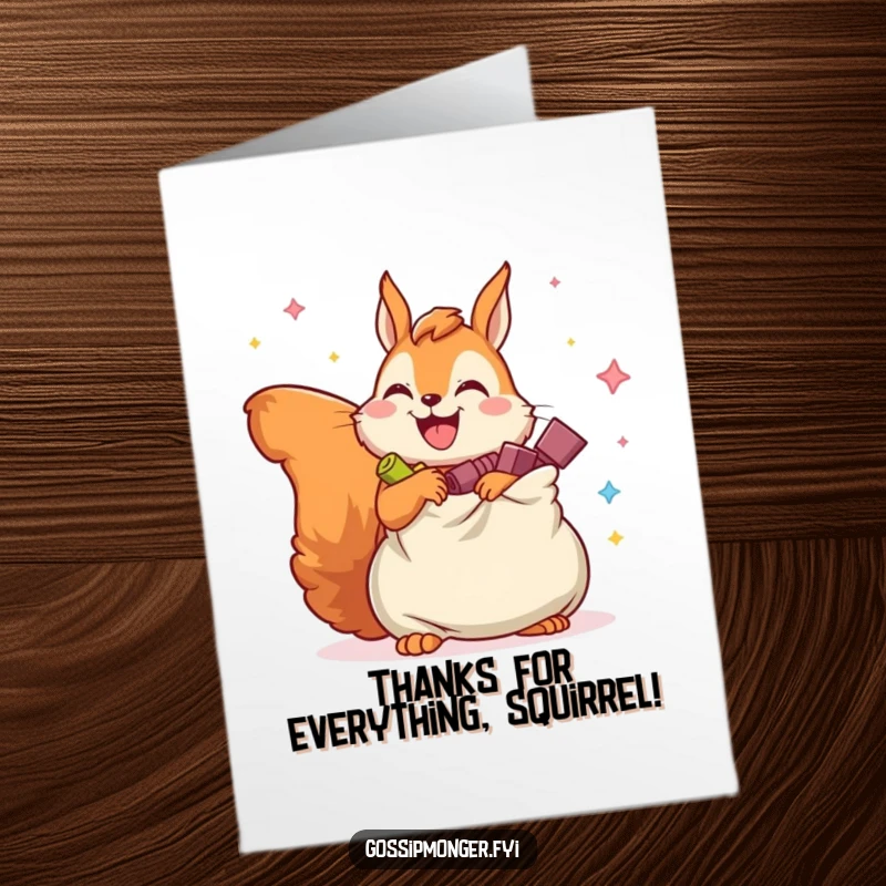 Funny Free Printable Thank You Card: Squirrel holding a bag overflowing with secrets, conveying silent thanks.