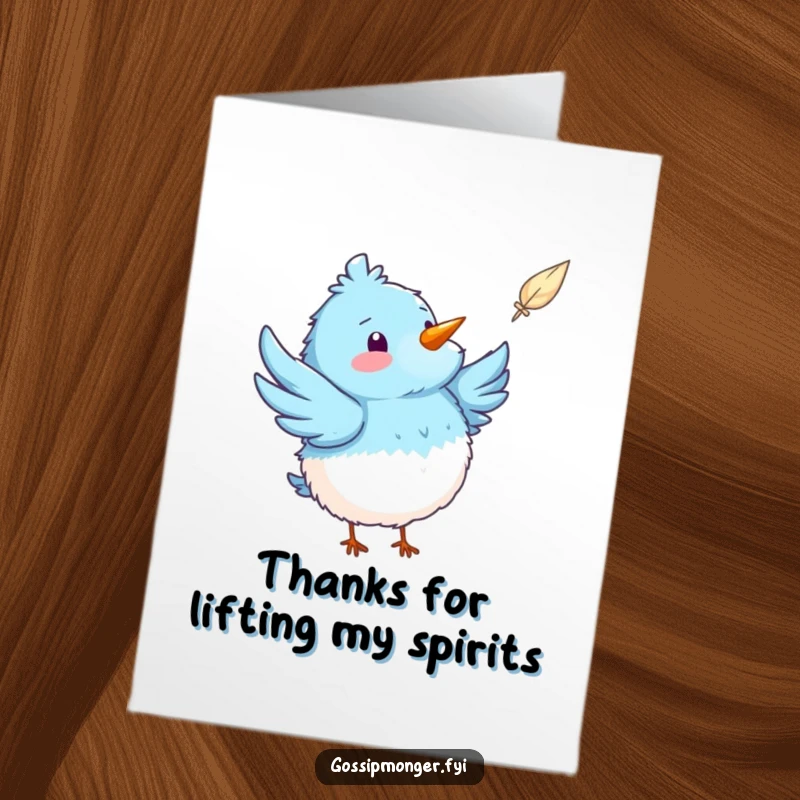 Funny Free Printable Thank You Card: A cheerful blue bird points a wing at a passing feather, conveying thanks.