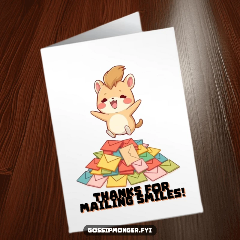 Funny Free Printable Thank You Card featuring a delighted creature with a bushy tail jumping on small colorful envelopes.