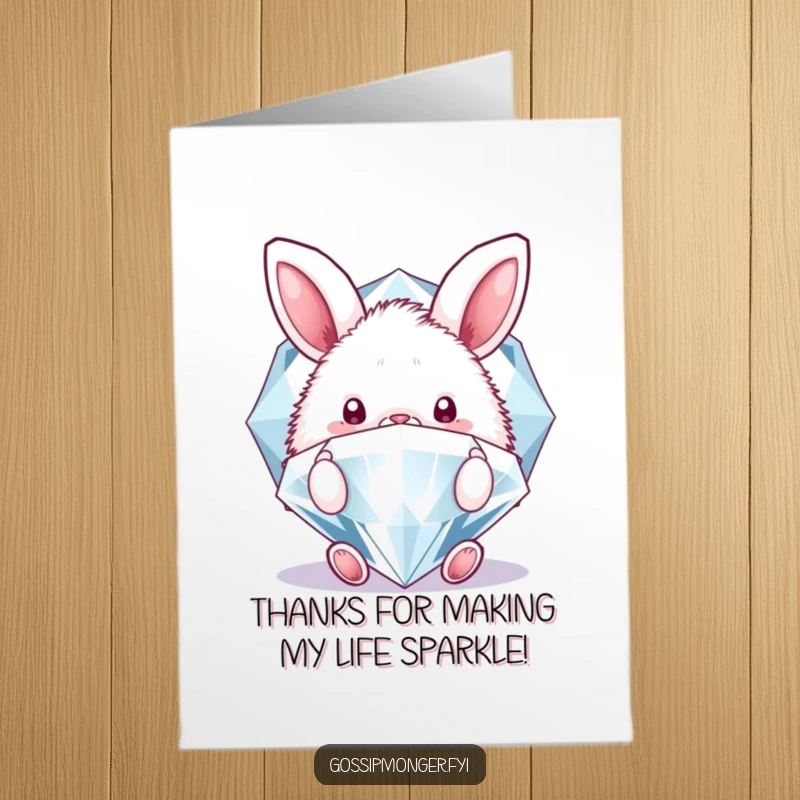 Funny Free Printable Thank You Card: A fluffy bunny peeking from behind a giant, sparkling diamond, offering precious thanks.
