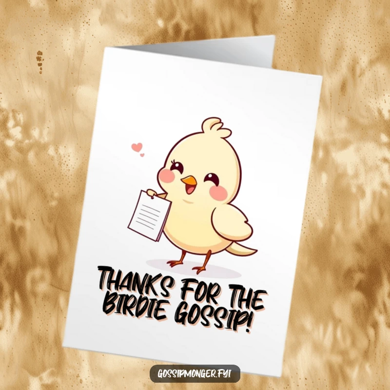 Funny free printable thank you card featuring a cheerful bird in flight, holding a small note that looks like it contains secret thanks.