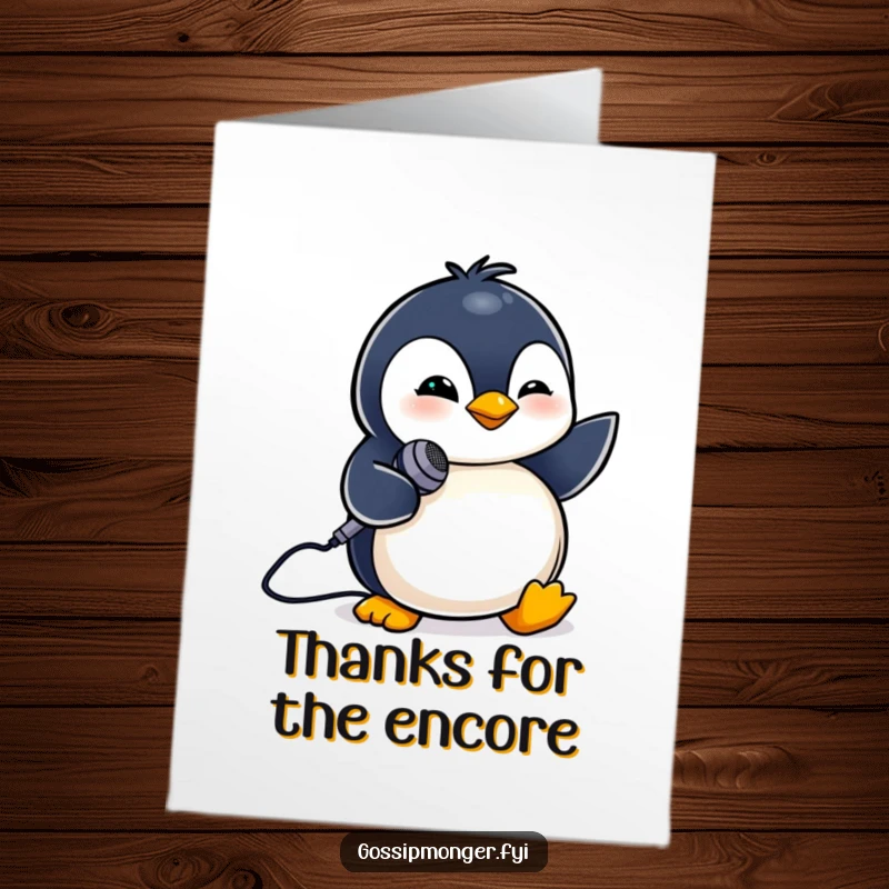 Funny Free Printable Thank You Card: A tiny penguin winks while holding a tiny microphone, expressing thanks musically.