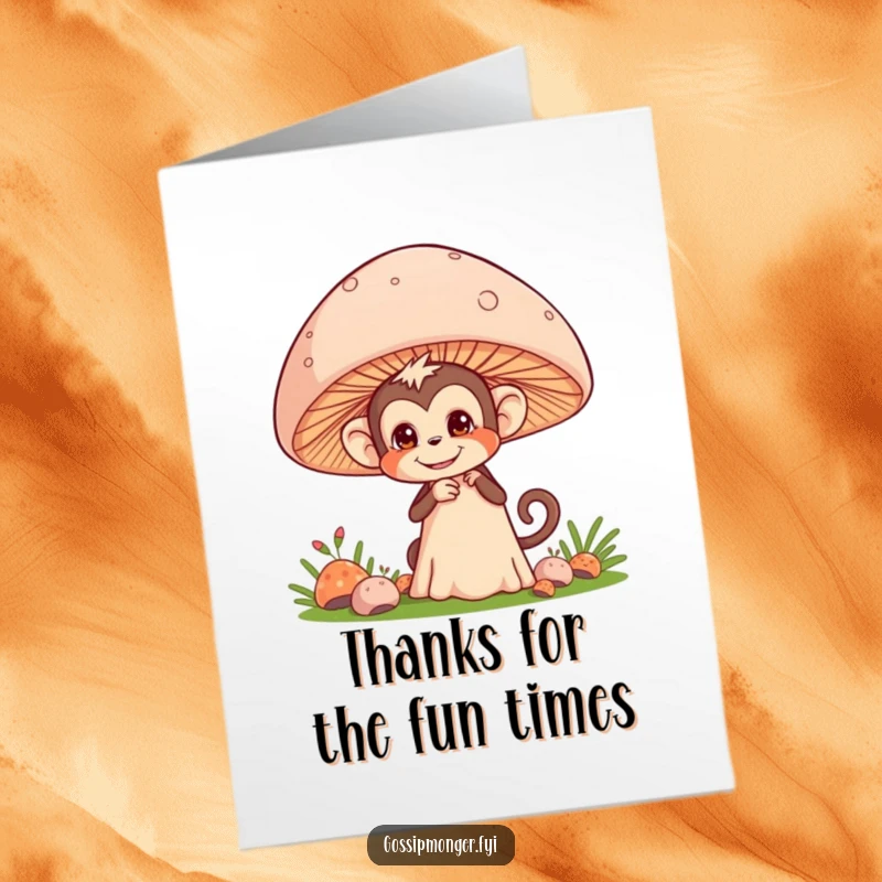 Funny Free Printable Thank You Card depicting a sneaky monkey eavesdropping behind a mushroom, ready to pass along thanks.