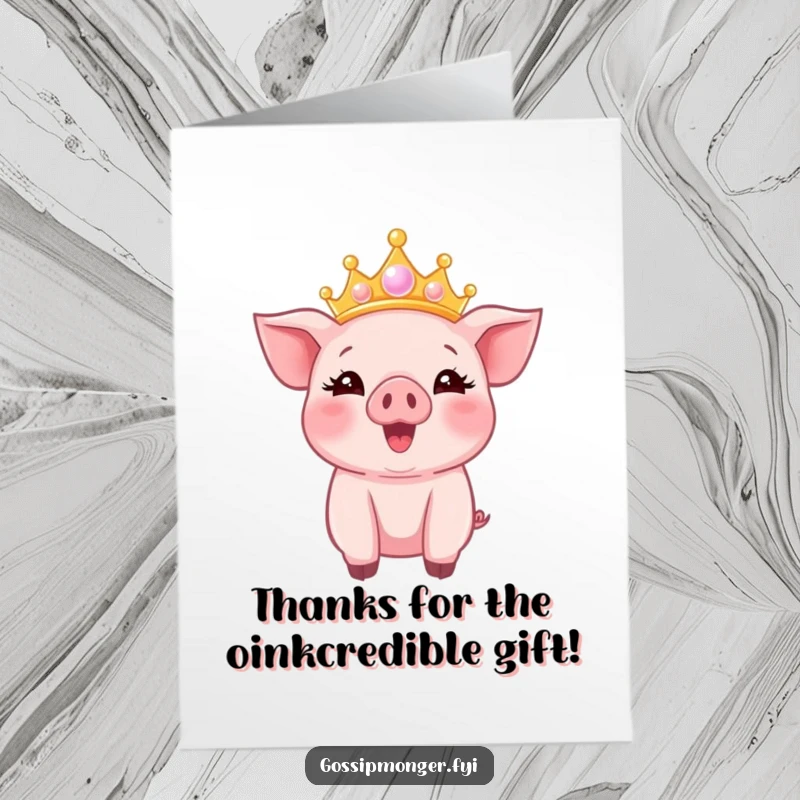 Funny Free Printable Thank You Card: A happy pink piglet with a shimmering bubble crown expresses delight and gratitude.