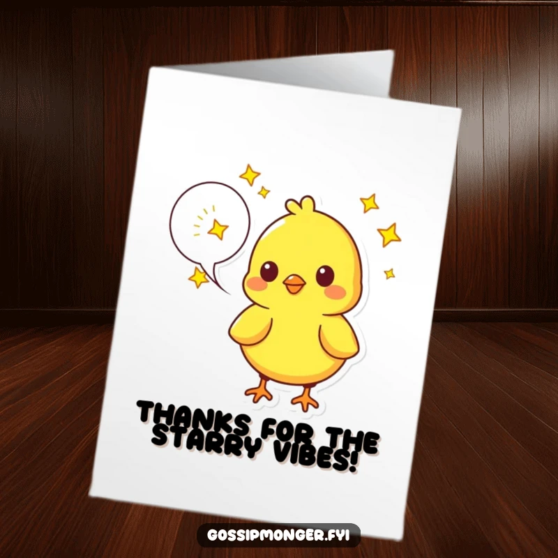 Funny Free Printable Thank You Card: Yellow chick sharing thanks inside a starry speech bubble, a sweet downloadable greeting.