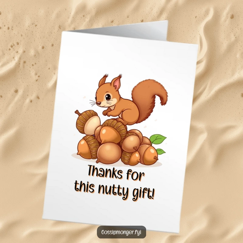 Funny Free Printable Thank You Card: Brown squirrel balancing on enormous shiny acorns, conveying thanks with playful skill.
