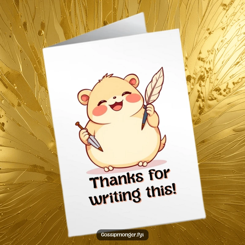 Funny Free Printable Thank You Card: Plump, smiling creature gleefully scribbles notes with a comically oversized quill pen, thanking someone.