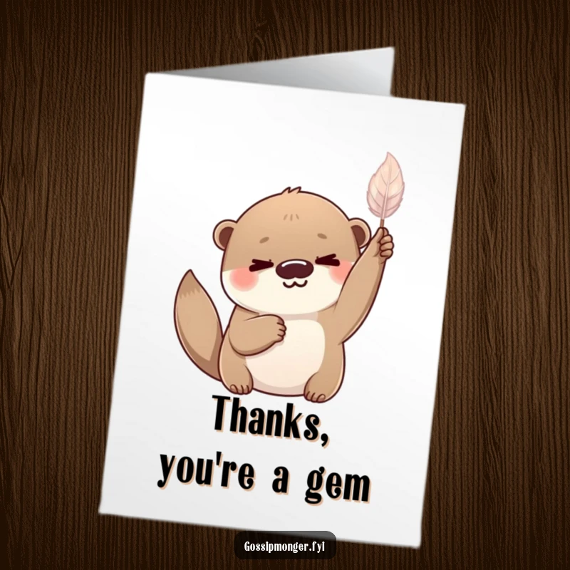 Funny Free Printable Thank You Card: Playful otter with a knowing smile holding a delicate shimmering feather aloft.
