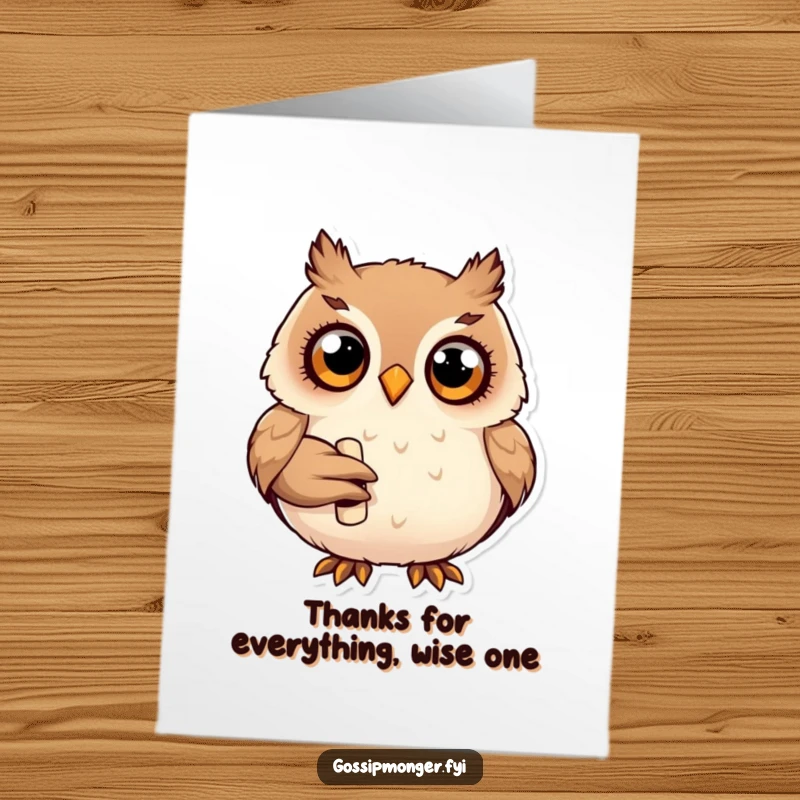 Funny Free Printable Thank You Card: Plump owl with curious eyes holding a small scroll, expressing gratitude wisely.