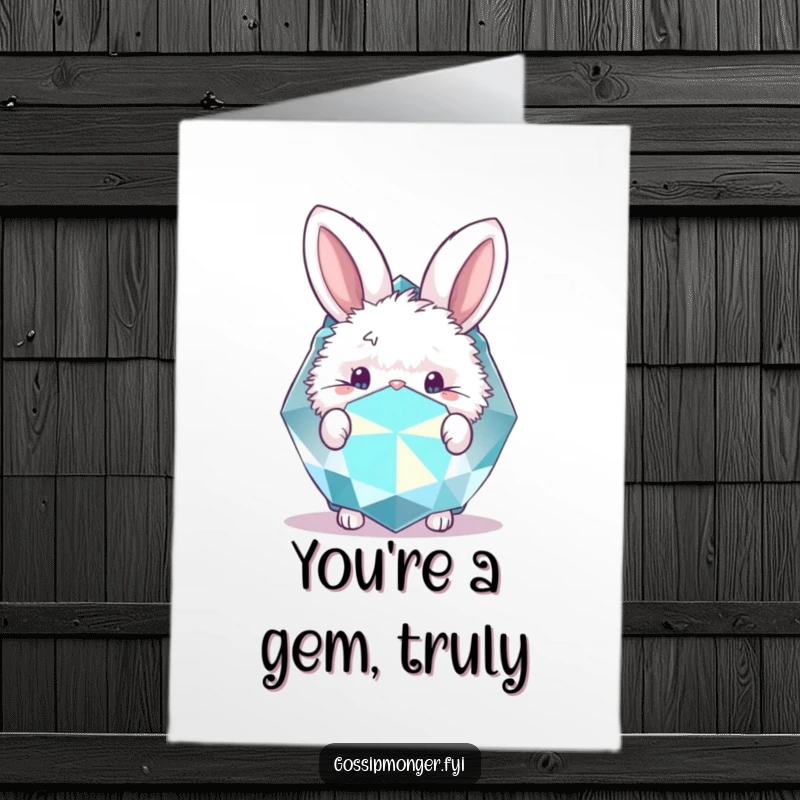Funny Free Printable Thank You Card: A fluffy bunny peeks from behind a giant, sparkly gemstone, conveying thanks sweetly.