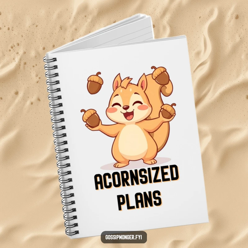 Funny notebook cover displaying a happy squirrel in the midst of juggling a generous amount of acorns, full of zest.