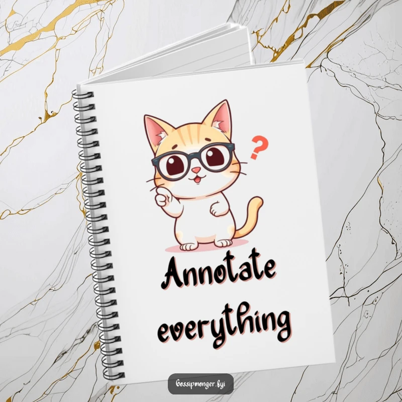 Funny notebook cover with a smart cat in glasses, its paw raised to correct a misplaced comma.