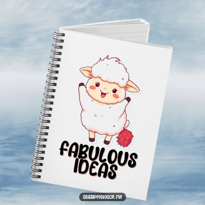 Funny notebook with a fluffy sheep excitedly waving a red feather boa, perfect for creative notes.