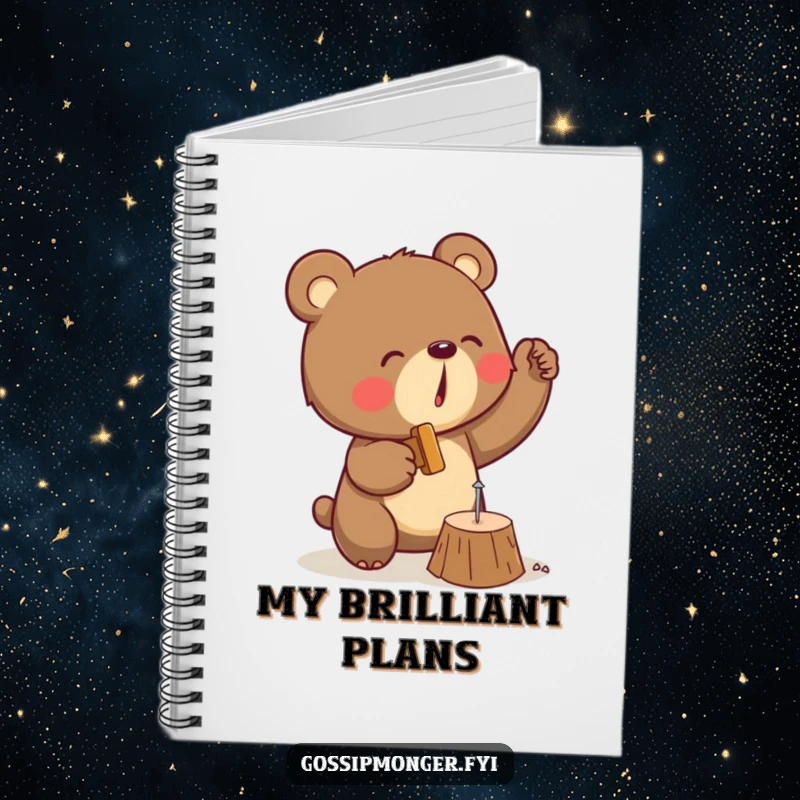 Funny notebook cover with a determined bear hammering a tiny nail into wood, perfect for planning and humorous notes.