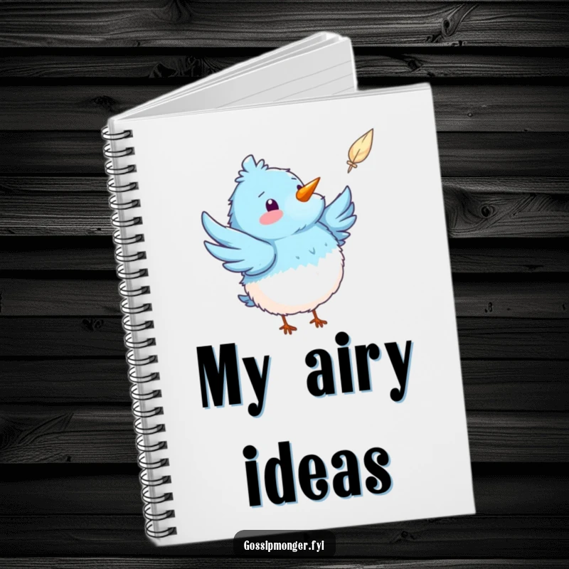 Funny fluffy blue bird notebook featuring a bird pointing at a feather, perfect for jotting down ideas with a touch of playful charm.