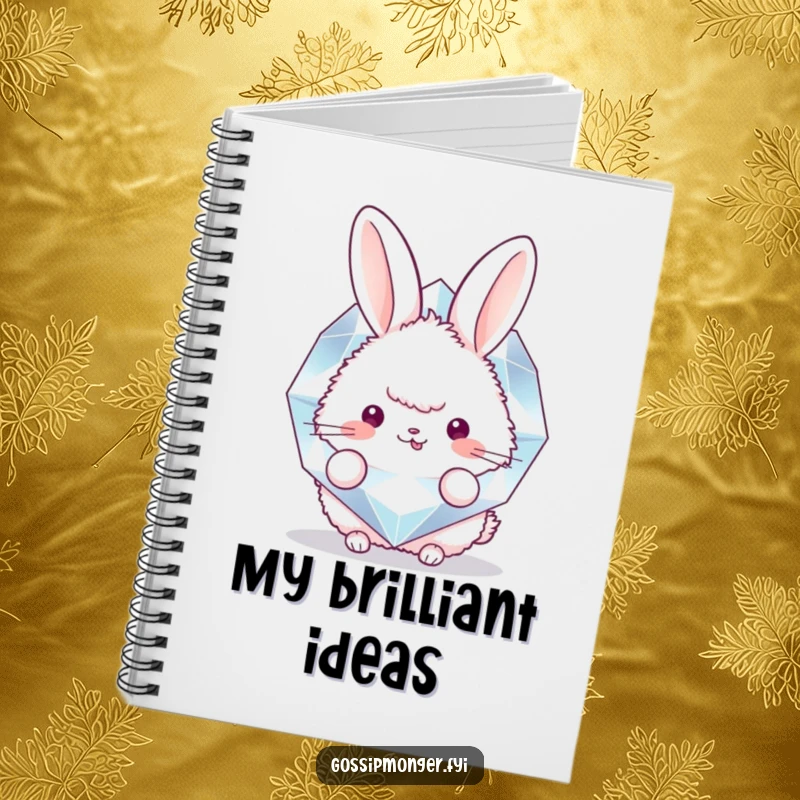 Funny notebook cover with a round, fluffy bunny peeking from behind a giant, sparkling diamond, designed for recording thoughts with whimsical charm.