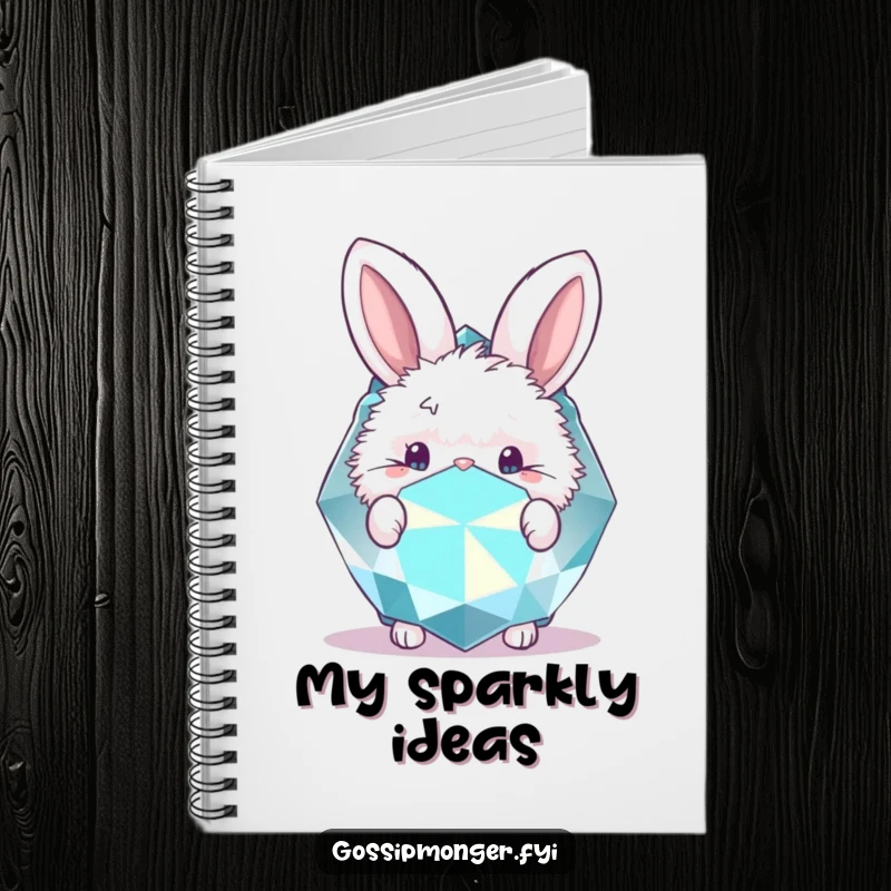 Funny notebook featuring a fluffy bunny peeking behind a giant, sparkly gemstone. Cute stationery.