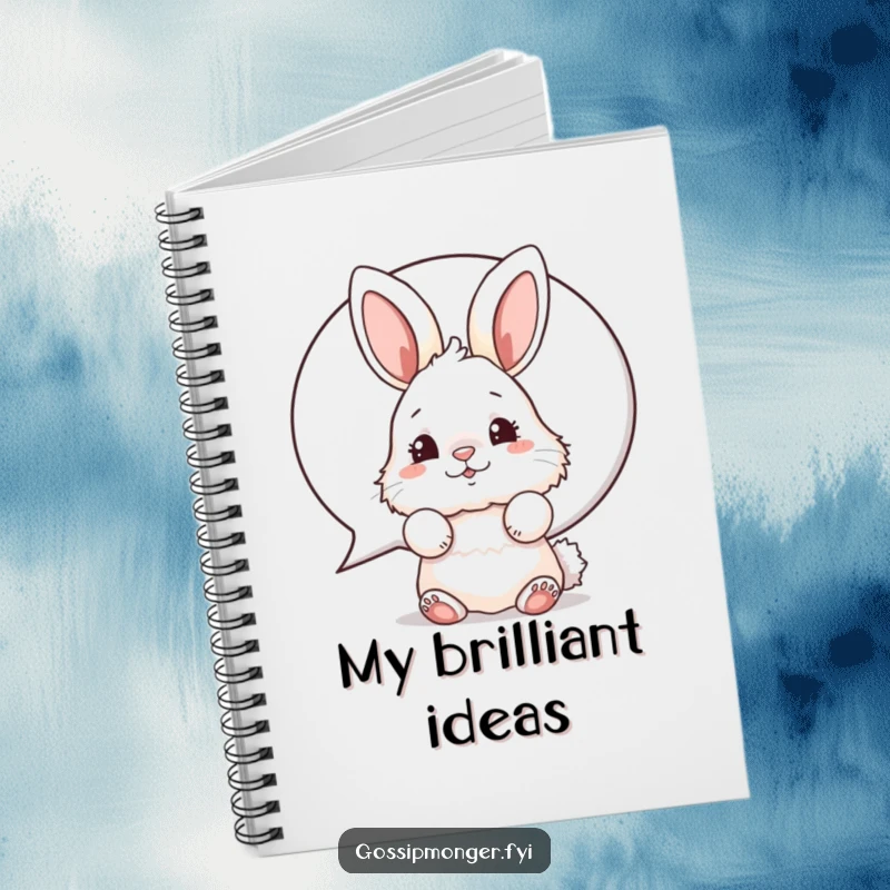 Funny bunny notebook with a fluffy rabbit peeking from behind a speech bubble, nose wiggling on the cover.