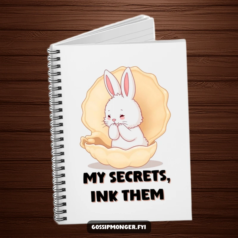 Funny Bunny Notebook: A fluffy white rabbit whispers secrets into a large conch shell, perfect for journaling funny thoughts.