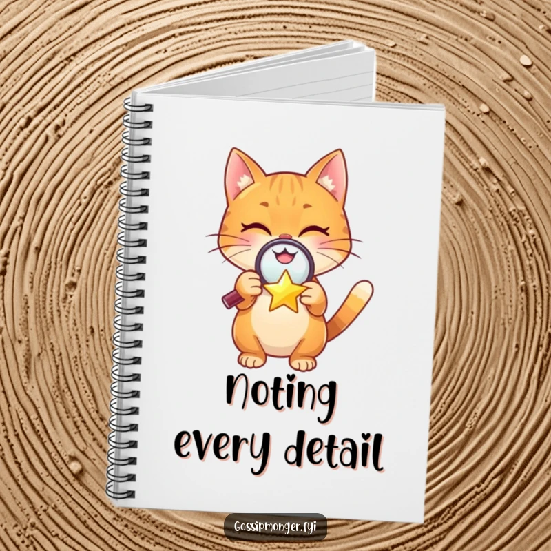 Funny notebook featuring a cheerful orange cat with a magnifying glass over a tiny, winking star, perfect for capturing ideas.