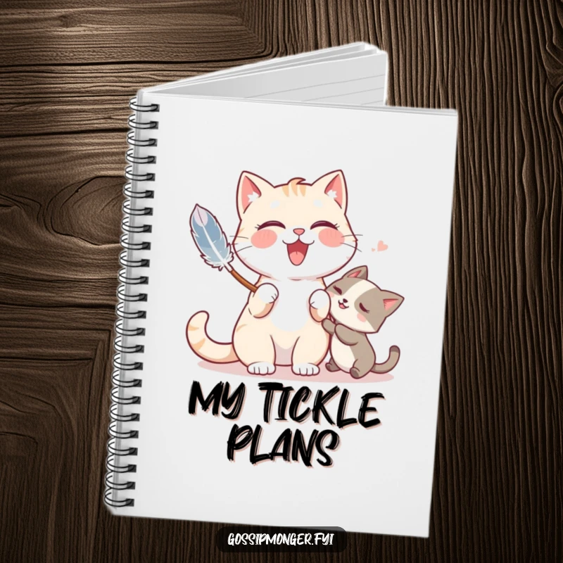 Funny notebook featuring a giggling cat playfully tickling a friend with a feather duster, inspiring creativity.