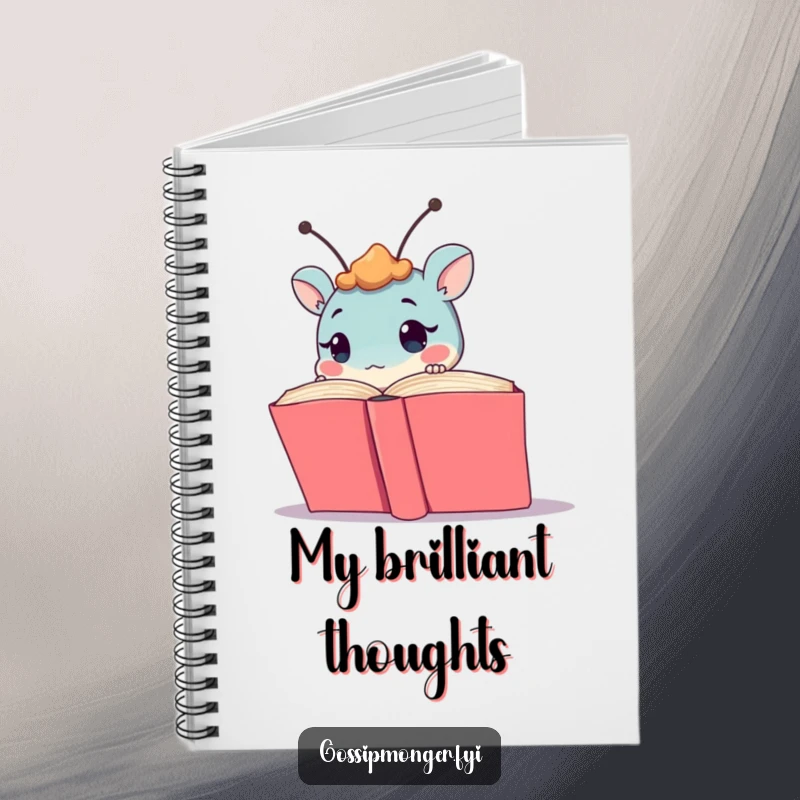 Funny creature with antennae peaking from a book, featured on a notebook cover, encouraging exploration and thoughtful writing.