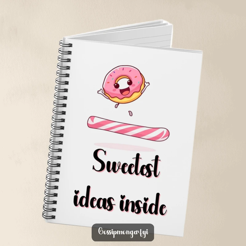 Funny donut notebook featuring a happy donut gleefully bouncing on a giant candy cane, ideal for jotting down sweet thoughts.