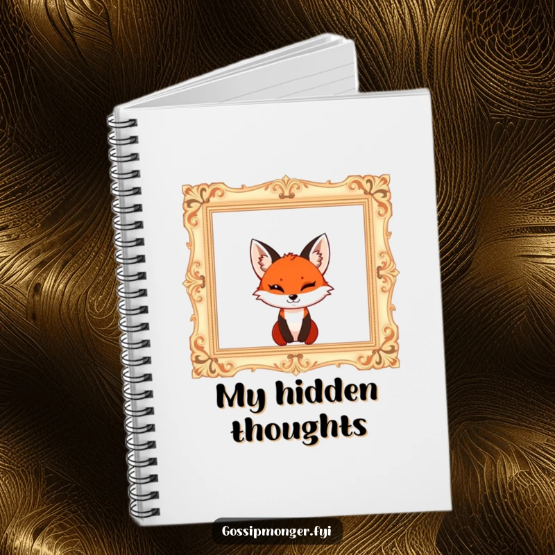 Funny red fox with a mischievous wink, popping out of a giant ornate empty picture frame, notebook for writing.