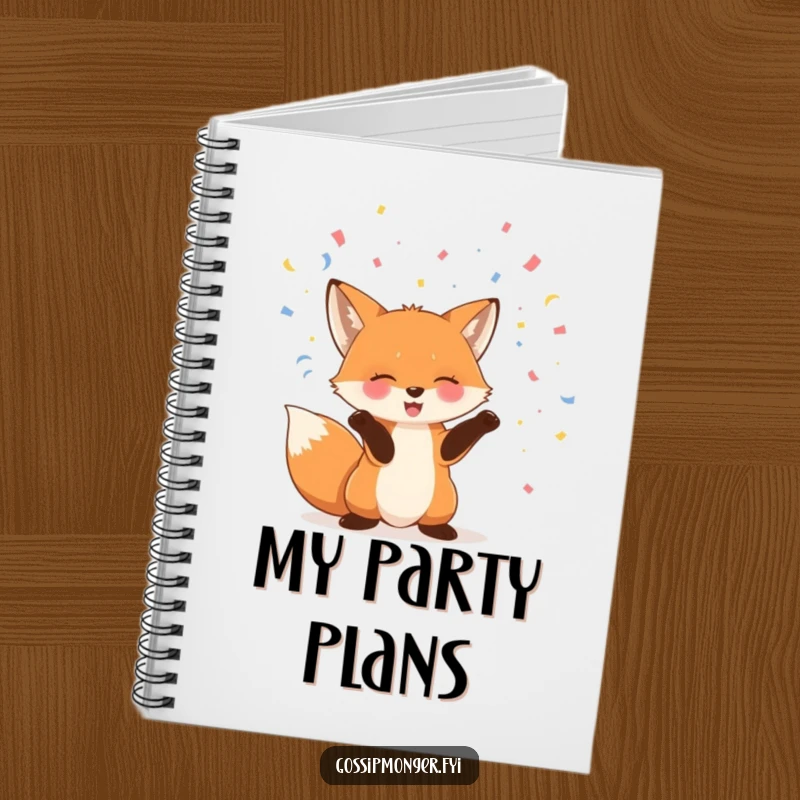 Funny fox notebook featuring a giggling fox joyfully throwing confetti into the air with its paws, great for party notes.