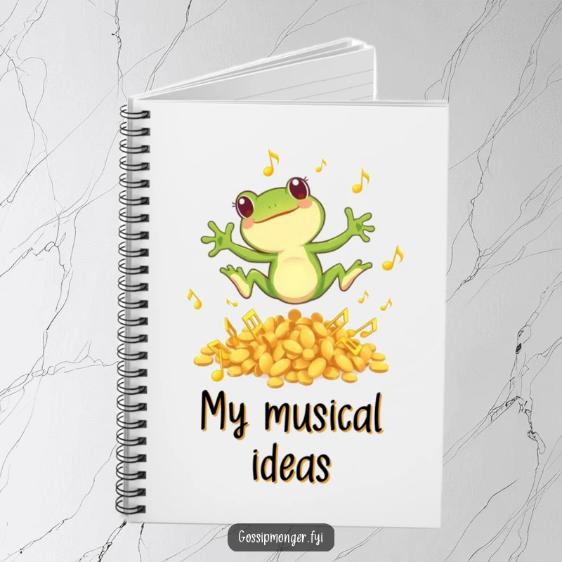 Funny notebook featuring a small green frog joyfully leaping from musical notes, perfect for jotting down creative ideas.