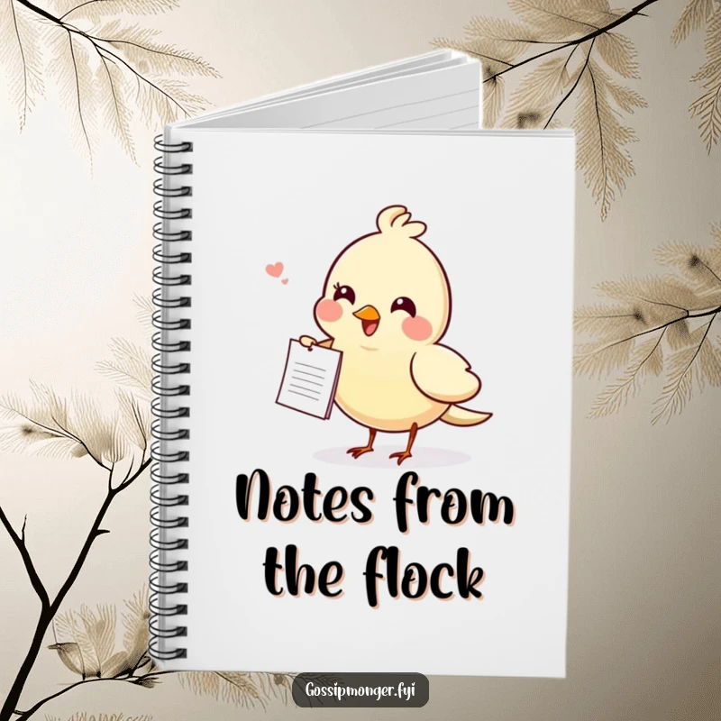 Funny gossiping bird notebook, a cheerful bird carrying a small note, ideal for recording secrets, ideas, and witty observations.
