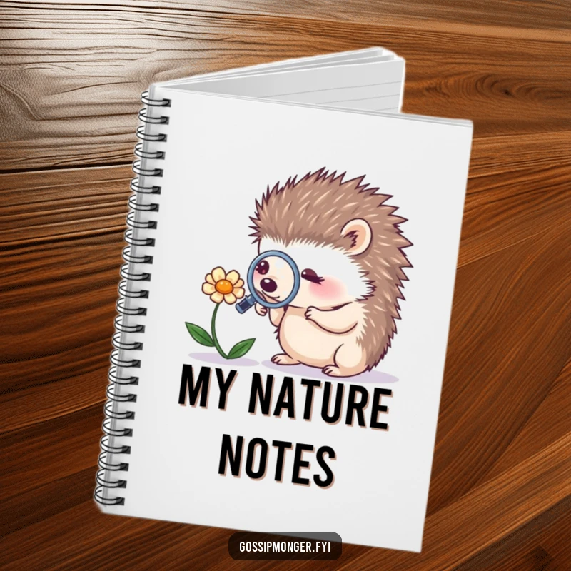 Funny tiny hedgehog with a magnifying glass looking at a whispering flower on the cover of a notebook, ideal for humorous note-taking.