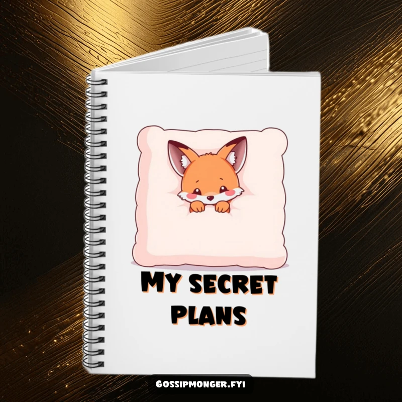 Funny notebook featuring a tiny kawaii fox peeking from behind a giant plush pillow, perfect for jotting down notes with shy humor.