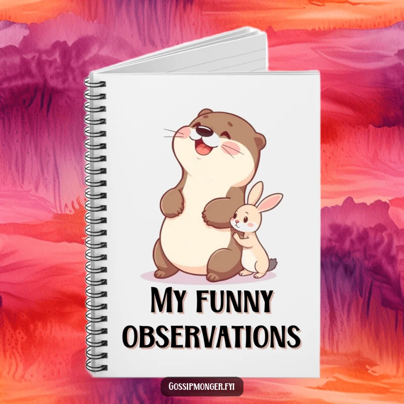 Funny otter notebook featuring a delighted otter slapping its belly as it watches a tiny rabbit whisper secrets.