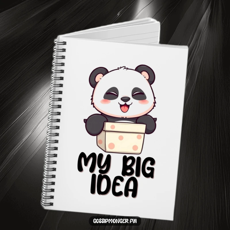 Funny Notebook with a mischievous panda peeking from a gift box, perfect for secret notes and playful doodles.