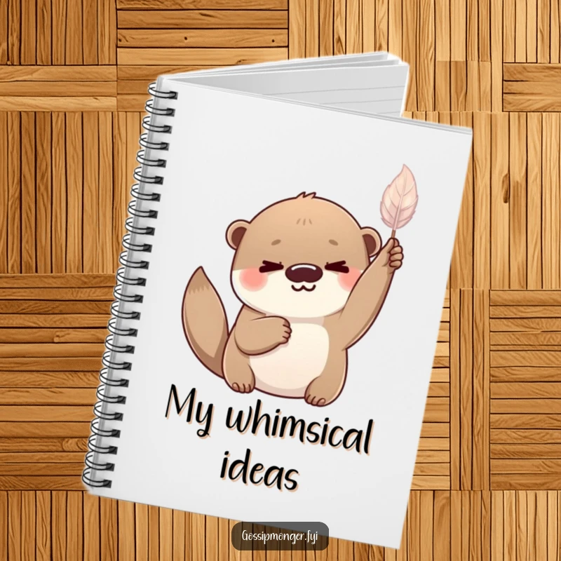Funny playful otter with a knowing smile, holding a delicate shimmering feather aloft, notebook for writing.