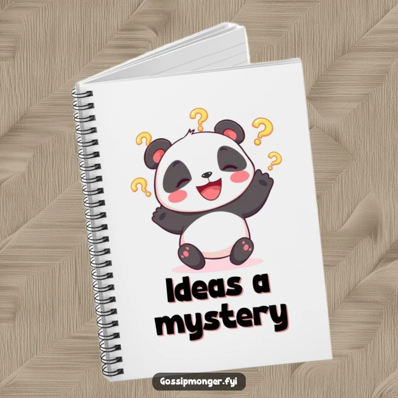Funny notebook with a giggling panda bear juggling question marks, perfect for jotting down ideas with playful humor.