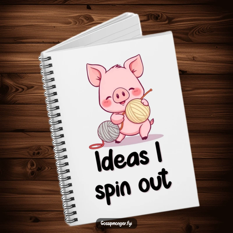 Funny piglet notebook, spinning a yarn ball with excitement, rosy cheeks, lined pages, perfect for notes and journaling.