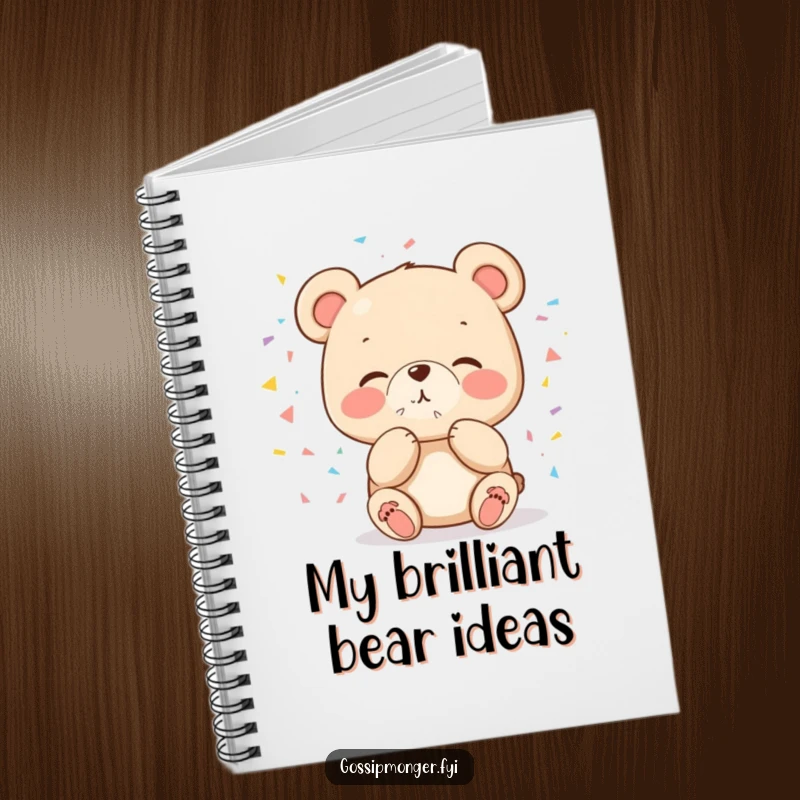 Funny cute bear blowing a kiss of confetti on a notebook, ideal for jotting down ideas humorously.