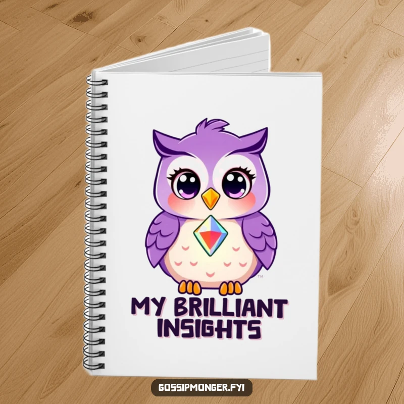 Funny notebook featuring a smiling purple owl sharing a shining gem, perfect for jotting down wise words and shared thoughts.