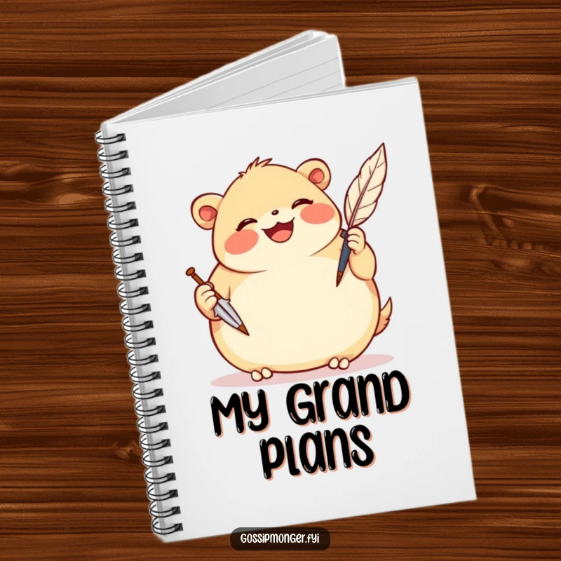 Funny notebook with a plump, smiling creature gleefully scribbling notes with a comically oversized quill pen.