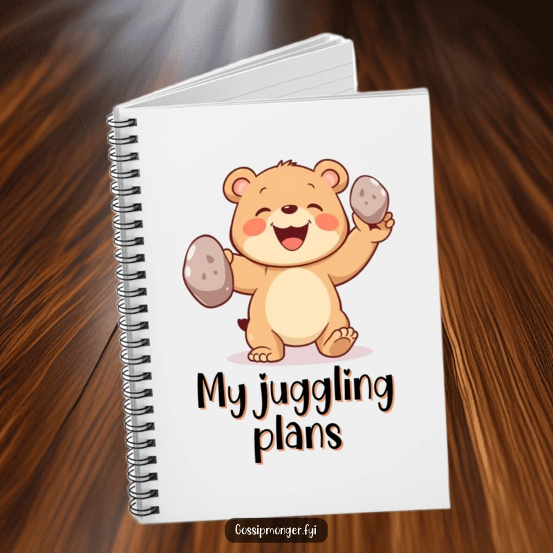 Funny bear notebook featuring a joyful bear cub grinning while juggling three oversized shiny pebbles, perfect for notes.