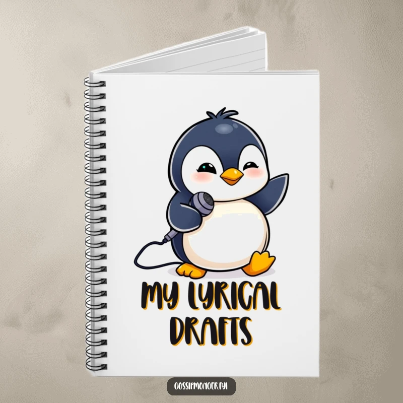 Funny notebook with a tiny penguin winking and holding a small microphone. Songwriting aid.