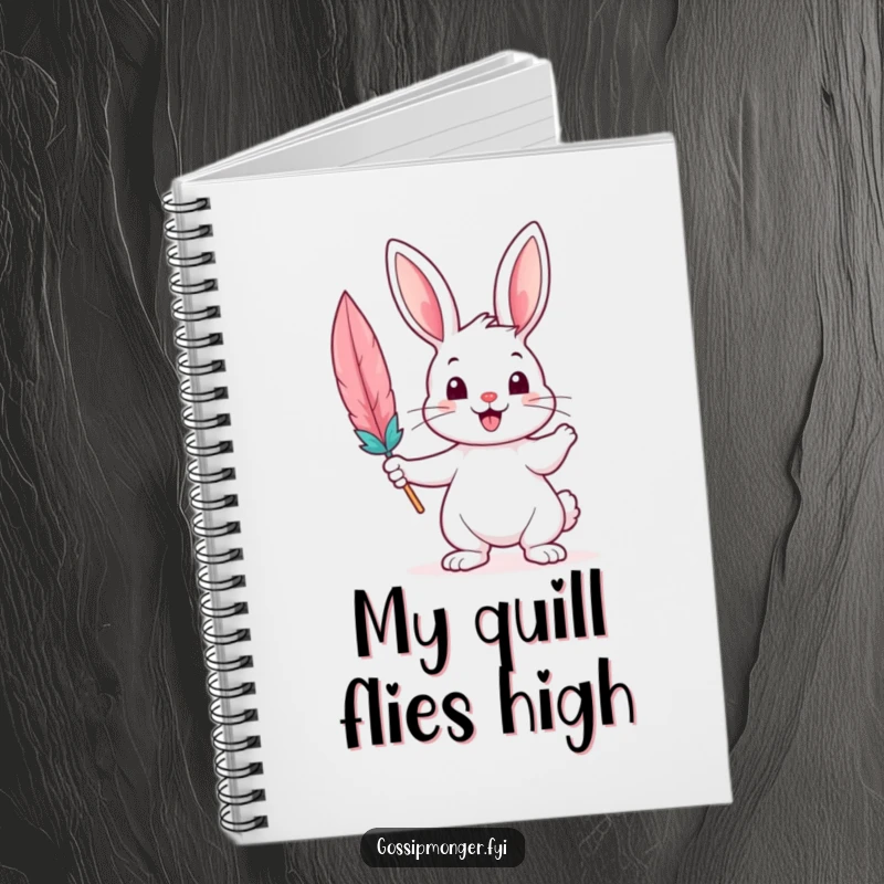 Funny Notebook designed with a cheerful bunny holding a feather quill, perfect for capturing creative ideas and stories.