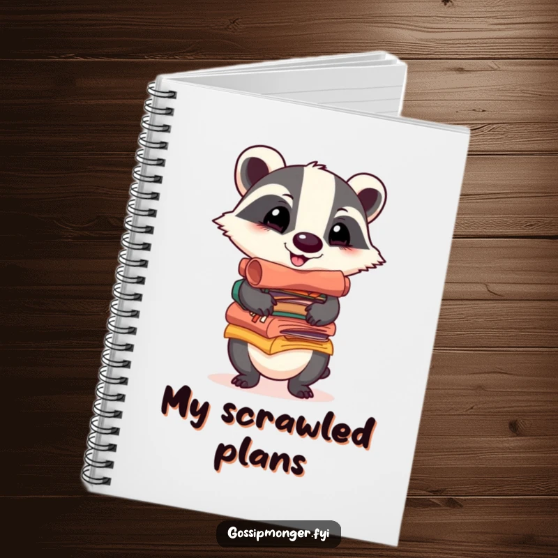 Funny notebook cover with a cheerful badger balancing a stack of colorful, gossip-filled scrolls, designed for recording thoughts with playful woodland charm.