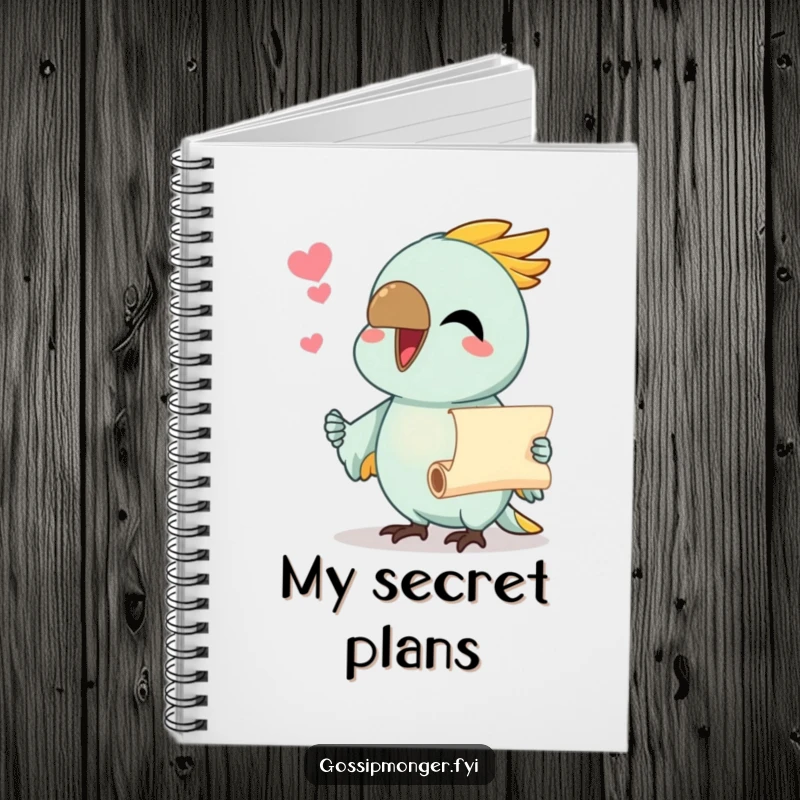 Funny notebook featuring a chatty parrot with beak wide open, sharing a tiny scroll, ideal for notes.