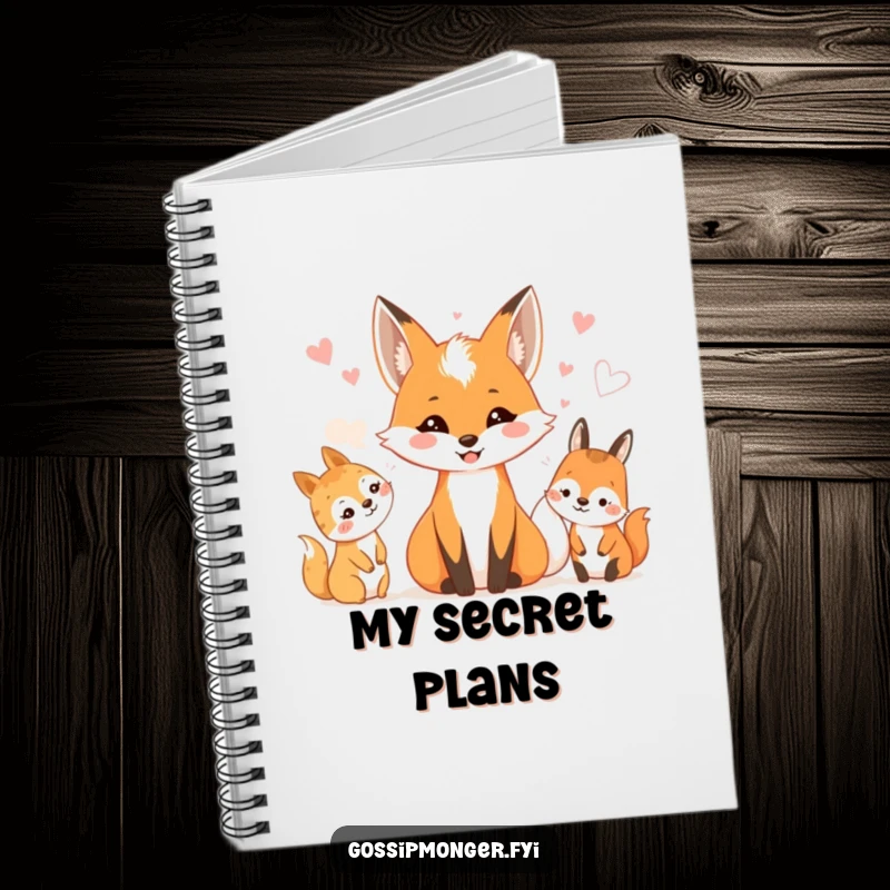 Funny notebook with a smiling fox whispering secrets to woodland creatures. Nature journal.